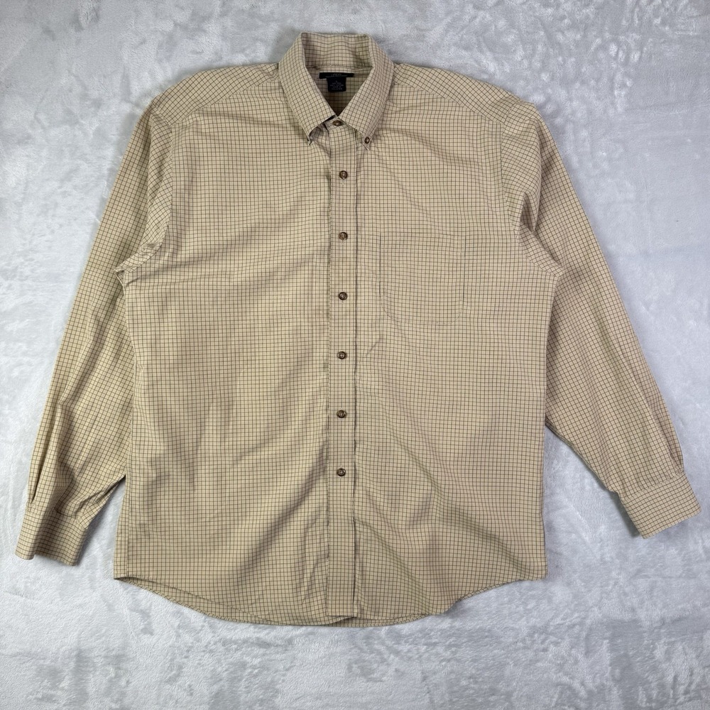 Brooks Brothers Non Iron‎ Shirt Men's Large Tan Window Check 100% Cotton Preppy